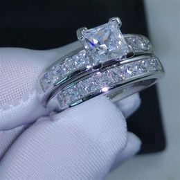 Luxury Size 5 6 7 8 9 10 Jewelry 10kt white gold filled Topaz Princess cut simulated Diamond Wedding Ring set gift with box286o