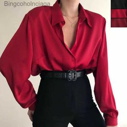 Women's Blouses Shirts Women Button Blouses Turn Down Collar Shirts Office Lady Long Sle Casual Blouse Loose OL Shirt Baggy Tops Red/Wine Red /BlackL231130