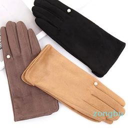 Women's Winter Plus Velvet Thicken Warm Touch Screen Gloves Elegant Pearl Suede Windproof Full Finger Cycling Driving Gloves