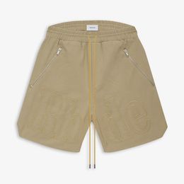 Khaki drawstring sports loose men rhude letter embroidery knee length cotton shorts with zipper fly pocket