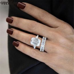 Vecalon Luxury Real 925 Sterling Silver ring set Princess cut 4ct Diamond Cz Engagement wedding Band rings for women bijoux251q