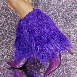 Boots Big Size 47 Purple Thick Fur Overlay Short Booties Slim Heels Half Knee High Boots Women Pointed Toe Folded Over Furry Shoes 231129