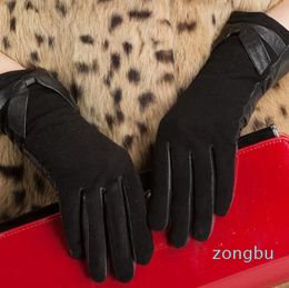 Wholesale-Top Fashion Women Gloves Nappa Suede Leather Gloves Fleece Lined Elegant Bow Wrist Mittens Winter Female