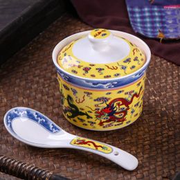 Bowls 2pcs Tableware Set Jingdezhen Ceramic Hom Stew Bowl Chinese Soup Bone China Container Dessert Spoon Accessories