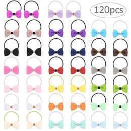 60pairs 120pcs Mini Ribbon Hair Bows Candy Colour Elastic Hair Bands Rubber Gum Girls Rope Cute Kids Ponytail Holders3009