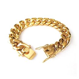 Gold Filled Men Miami Cuban Chain Bracelet Double Safety Clasps Hip Hop Stainless Steel High Polished Curb Link Jewellery 10 12 14 1231O