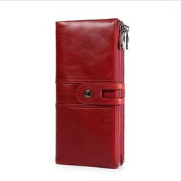 Wallets RFID Oil Wax Cow Leather Wallet Genuine Purse Woman's & Man's Fashion Style Long Size High Quality Black Red Cof228z