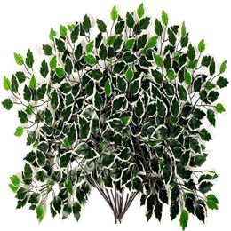12Pcs Artificial Variegated Ficus Leaves Trees Branches Greenery Indoor Outdoor Plant for Office House Farmhouse Home garden decor275v