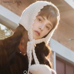 Beanie/Skull Caps Women Winter Sweet Lolita Caps For Girls Bomber Hats Warm Thick Knitted Warm Ear Protector Lace Caps Snow Hat Q231130