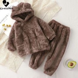 Pyjamas Kids Winter Pyjama Sets Baby Boys Girls Thicken Fleece Warm Home Wear Children Cute Bear Hooded Sleepwear Pyjamas Clothing 231129