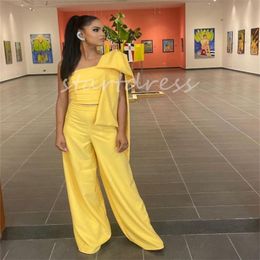 Elegant Yellow Two Piece Prom Dress With Pantsuit Sexy One Shoulder Evening Dress Arabic Abayas Birthday Dress 2024 Formal Occasion Party Dress Vestidos De Gala