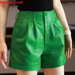 Women's Shorts Green Leather For Women 2023 Pleated Waist Genuine Sheepskin Casual Versatile Loose Leg Pocket Booty Pants