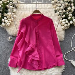 Women's Blouses Women Chic Ruffle Patchwork Tank Top Slim Basic Sexy Korean Fashion Half High Collar Long Sleeve Autumn Blouse