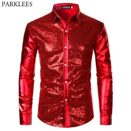 Men's Casual Shirts Red Sequin Metallic Patchwork Shirt Men 70's Disco Nightclub Sparkle Shirt Mens Halloween Party Stage Prom Costume 2XL 231130