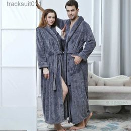 Men's Robes Men Winter Extra Long Warm Flannel Bathrobe Plus Size Coral Fleece Bath Robe Women Jacquard Dressing Gown Lovers Home Sleepwear L231130