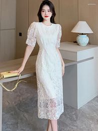 Casual Dresses Summer White Lace Hook Flower Hollow Midi Dress Women Fashion Chic Luxury Party Evening 2023 Korean Vintage Festival