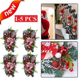 Decorative Flowers 1-5pc Artificial Christmas Wreath Front Door Hanging Garland Holly Leaves Red Berries Xmas Tree Pendant Ornament Prop