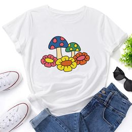 Women's T Shirts Summer Graphic Women Shirt Fashion O-neck White Oversized Cotton Flower Mushroom Print Short Sleeve Female Cartoon Tees To