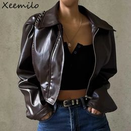 Womens Jackets Xeemilo PU Faux Leather Jacket Aesthetic Fashion Streetwear Turndown Collar Coat Autumn Vintage Casual Simple Long Sleeve Coats 231129