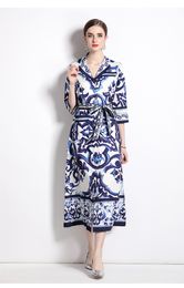Casual Dresses Runway Fashion Blue and White Porcelain Printing Single Breasted Shirt Dresses Women Chic Office Lady Work Knee Length Dress 2023