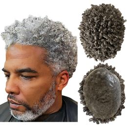 Indian Virgin Human Hair Systems 10mm curly #1b50 Grey Thin Skin Knots PU Toupee 8x10 Male Wig for Old Black Men