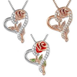 Rose Flower Pendant Heart Necklaces For Women Two-tone Zircon Aesthetic Jewellery Gift For Mom Girls