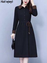 Basic Casual Dresses 2023 Autumn Winter Vintage Black Formal Collar Midi Vestidos Women Elegant Bodycon Party Dress Korean Chic Prom Night DressL231130