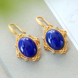 Dangle Earrings Original Design Natural Lapis Lazuli Egg Surface S925 Sterling Silver Inlaid Gilding Colour Retaining Craft Fashion