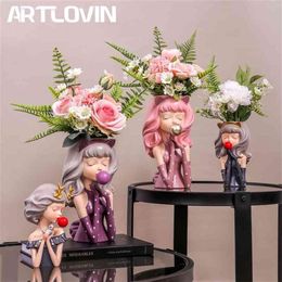 ARTLOVIN Bubble Gum Girl Flower Vase Resin Artificial Plant Pot Abstract Flower Pot Stylish Home Decor Desktop Ornament Figurine 2247h