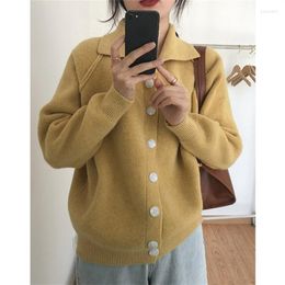 Women's Knits Girls Winter Vintage Loose Yellow Sweater Knitted Cardigan Lapel Women Thick Button Up Long Sleeve Top Knitwear Ladies