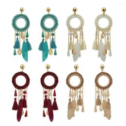 Dangle Earrings Bohemian Feather Thread Long Tassel Drop For Women Crystal Resin Bead Shell Fringe Round Jewellery Gift