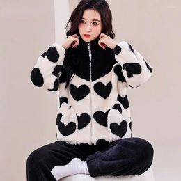 Women's Sleepwear 2024 Pyjama Winter Plush Thickened Loungewear Warm Cute Simple Homewear Set Stand Collar Loose Nightwear