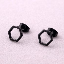 Fashion Punk Hexagona Earrings Black Titanium Steel Geometric Hexagon Stud Jewellery For Men Women3166