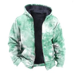 Men's Vests Mens Winter Tie Dye Printed Fleece Jacket Casual Long Sleeved Zipper Double Pocket Hooded Mountain Mont Erkek