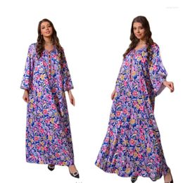 Ethnic Clothing Fashion Flower Printed Long Sleeved Abayas Elegant Muslim Women Party Wedding Maxi Dress Kaftan Loose Robe Evening Gown