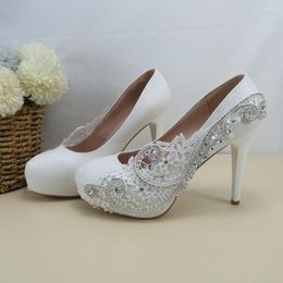 Dress Shoes White Lace Crystal Women Wedding Rhinestone High Heels Pumps Party Shallow