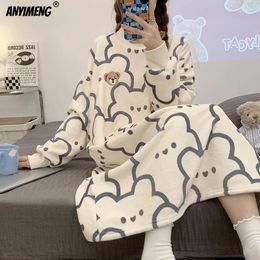 Women's Sleepwear Winter Teddy Women Pyjamas Coral Velvet Fluffy Sleepshirts Casual Cartoon Long Gowns Korean Sleep Dress Leisure Comfy