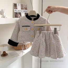 Lady style children colorful plaid woolen clothes sets kids round collar single breasted outwear pleated skirts 2pcs winter girls thicken princess outfits Z5668
