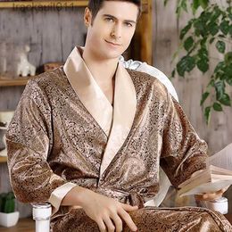 Men's Robes Men's Robe Nightgown Satin Kimono Bathrobe Gown Casual Sleepwear Plus Size Print Gold Home Dressing Gown 3XL 4XL 5XL L231130