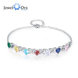 Chain Personalised Inlaid 2-7 Heart Birthstone Bracelets for Women Customised Engraved Name Family Bracelet Mother's Day Gift231118