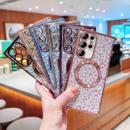 Cell Phone Cases Electroplate Transparent Leopard Glitter Wireless Charge Case For Samsung S23 S21 S22 Ultra S23FE Lens Protection Silicone Cover Q231130