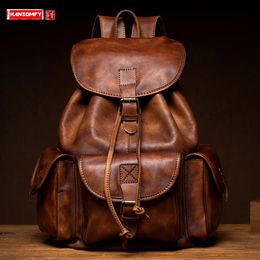 School Bags Vegetable Tanned Leather Backpack Men s First Layer Cowhide Computer Bag Casual Travel Backpacks Large Capacity Vintage 231130