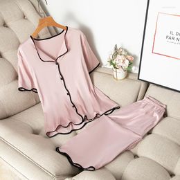 Women's Sleepwear Summer Pajamas Suit Casual Nightwear Women Intimate Lingerie SATIN 2PCS Sleep Set Short Sleeve Home Clothing