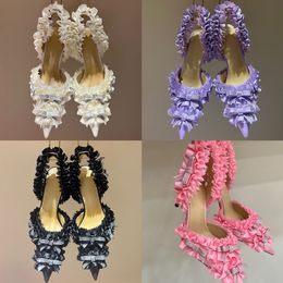 New Mach Satin rhinestone Bow Pumps Lace flower trim Evening shoes stiletto Heels Wedding women High heeled Luxury Designers Slingback sandal Dress shoe With box