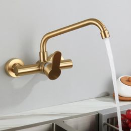 Kitchen Faucets Wall Mounted Brushed Gold Stainless Steel Sink Faucet Rotatable Cold And Water Single Handle