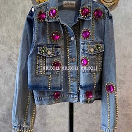 Spring and Autumn New Heavy Industry Design Sense Water Diamond Nail Beads Slim Versatile Short Jean Jacket Women