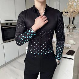 Men's Casual Shirts 6XL Fashion Mens Dot Print Hawaiian Spring Long Sleeve Luxury Trendyol Men Slim Dress Black Shirt Camisas Para Hombre