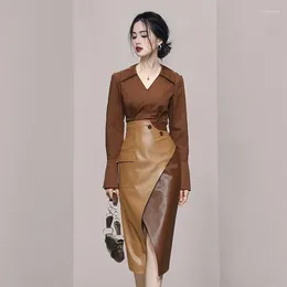 Work Dresses Autumn Winter Two Piece Set Women V-Neck Shirts Tops PU Leather Pencil Skirts Office Lady Runway Tracksuit Outfist D232