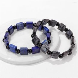 Strand Flat Square Stone Bracelet Natural Lapis Lazuli Black Glass Spacer Bead Healing Energy Bangle Jewellery For Men Women