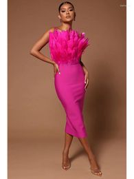 Casual Dresses Sexy Strapless Backless Feather Bandage Midi Dress Elegant Brown Rose Red Off Shoulder Bodycon Women Club Evening